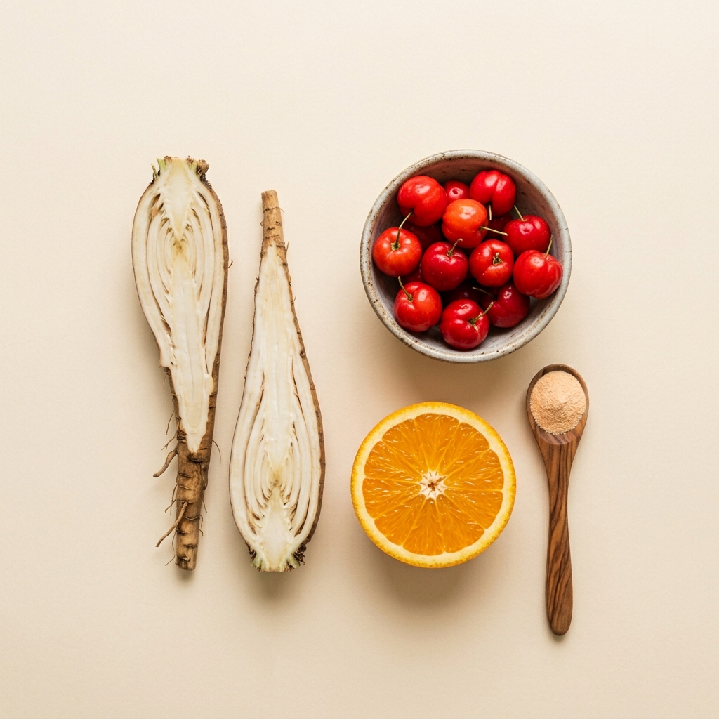 Raíz de achicoria, frutos de acerola y polvo sobre una superficie clara