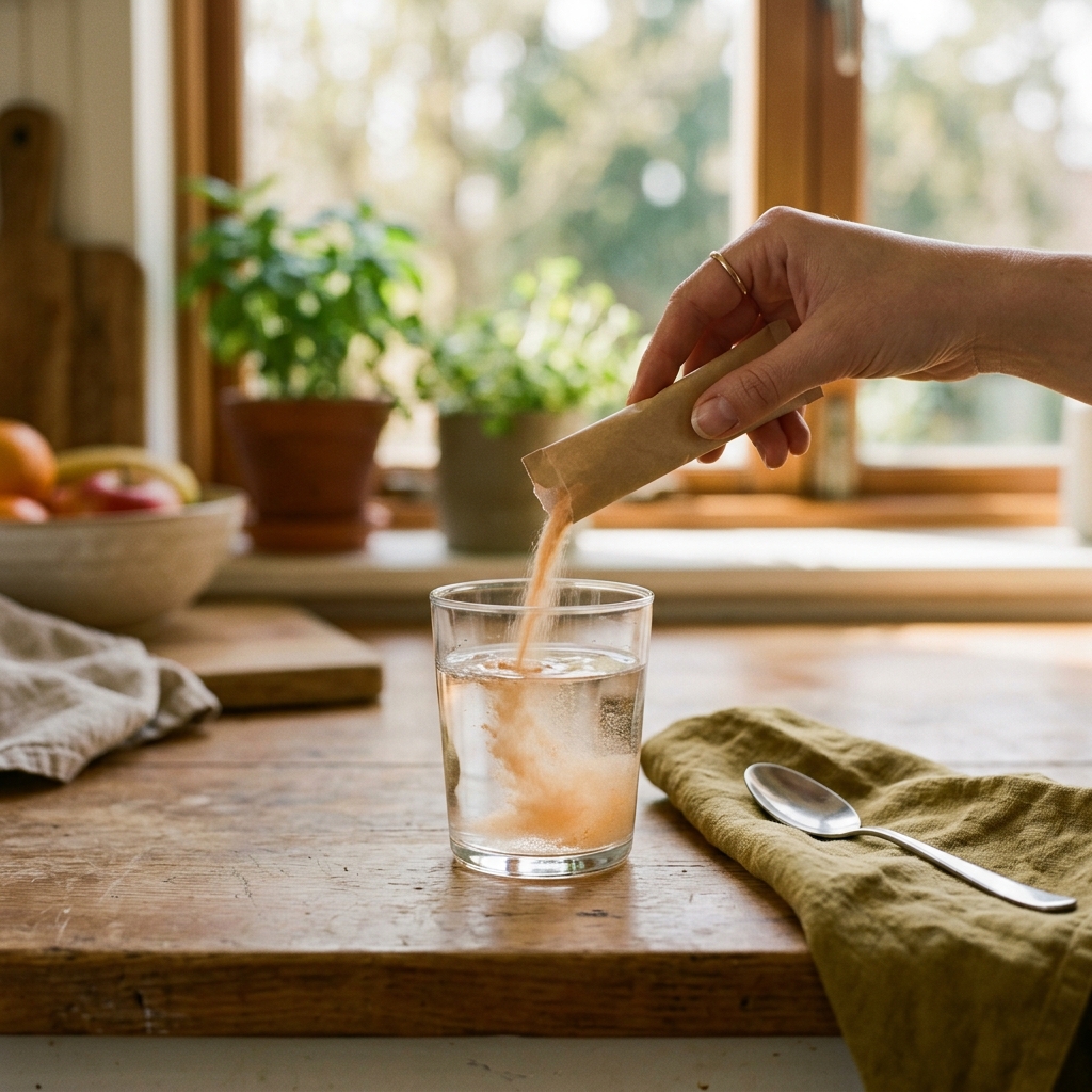 Stick vaciándose en un vaso de agua sobre la mesa