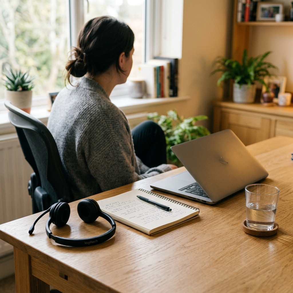 Puesto de atención al cliente con auriculares y cuaderno
